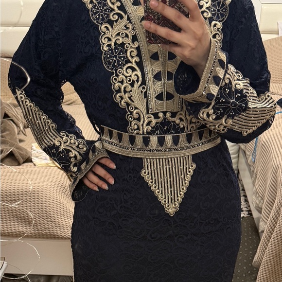 Dresses & Skirts - Arabian Embroidered Navy Dress with Gold Accents with belt fits L/XL with Stretc